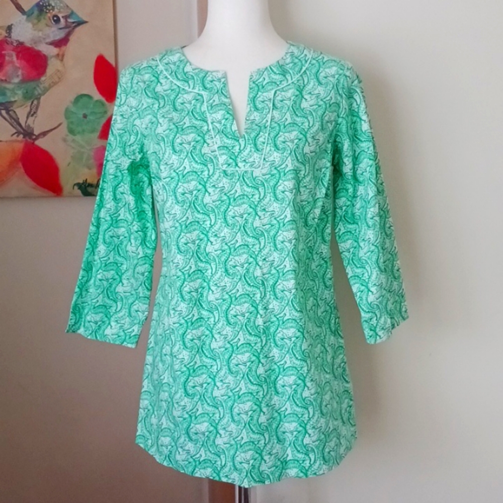 Vineyard Vines tunic 3/4 sleeve vneck seahorse zipper cotton green white S